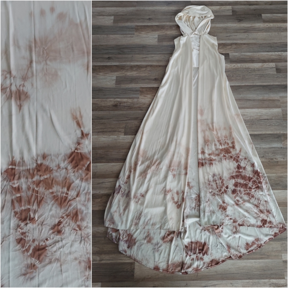 Vintage Tie Dye Long Hooded Formal Cape Boho Wedding Cream Brown Neutral